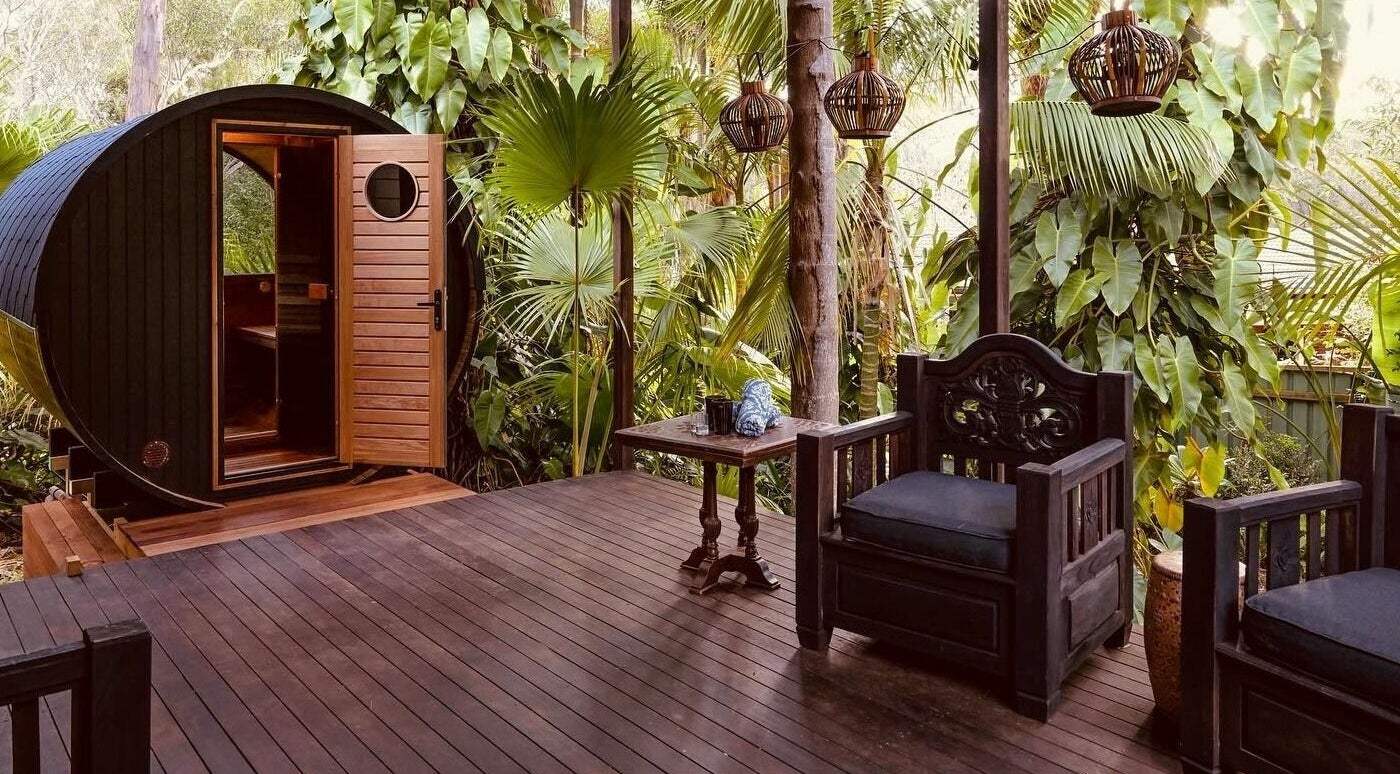 Relaxing outdoor seating and sauna at Cloud 9 Sauna, Macmasters Beach, New South Wales, AU.