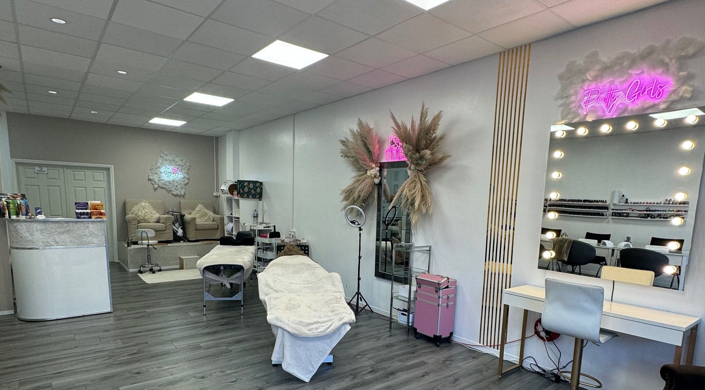 Modern interior of CJP Nail And Beauty Bar in Havant, England, GB, showcasing stylish decor and treatment areas.