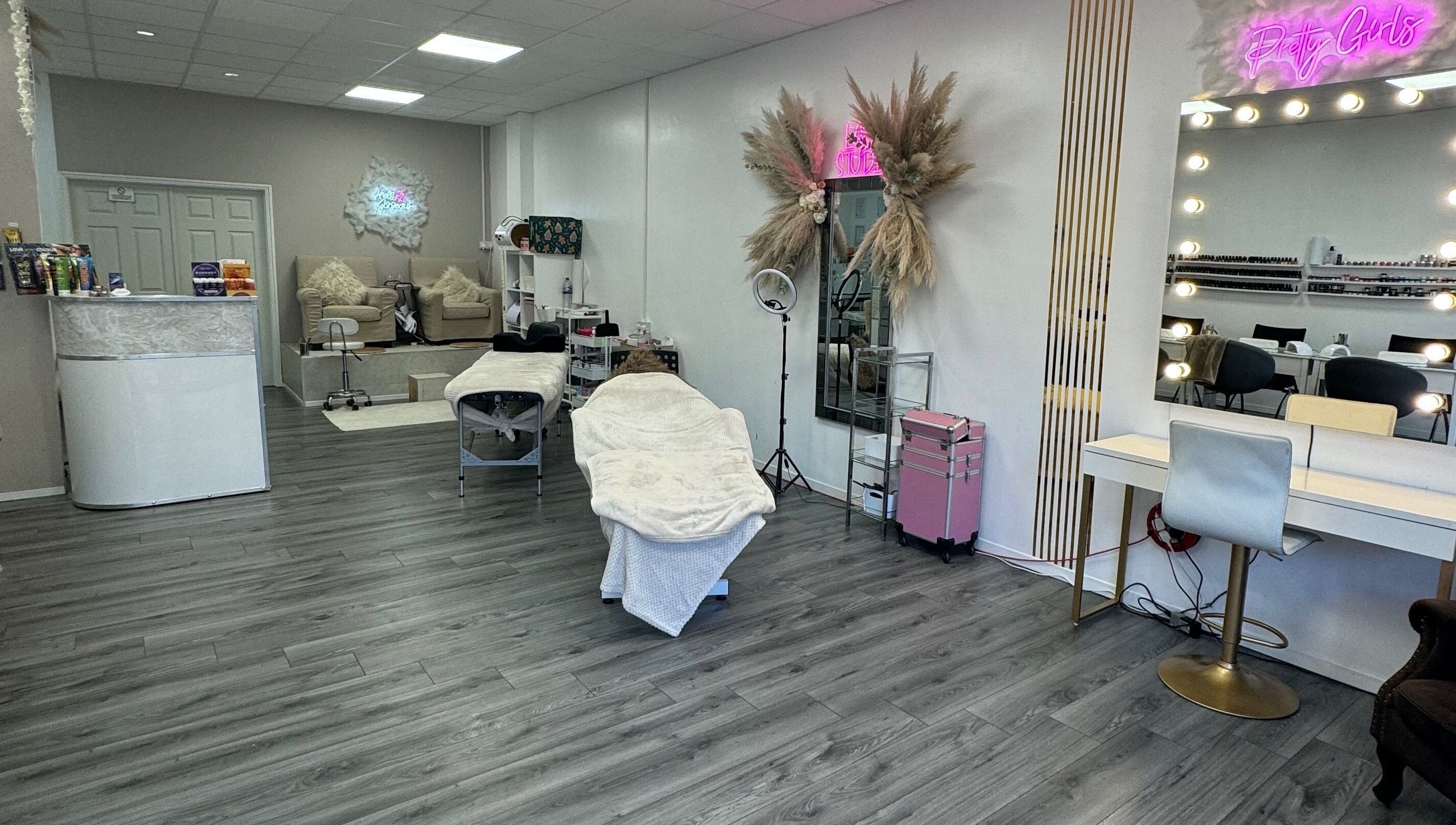 Interior of CJP Nail And Beauty Bar in Havant, England, GB with stylish decor and beauty stations.