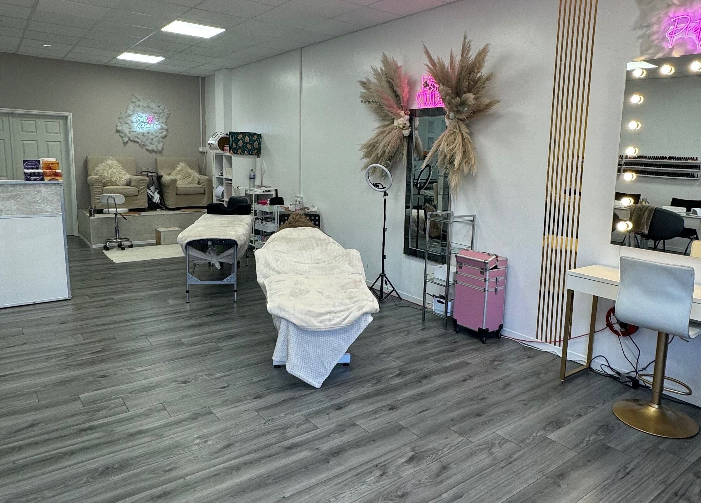 Interior of CJP Nail And Beauty Bar in Havant, England, GB with stylish decor and beauty stations.