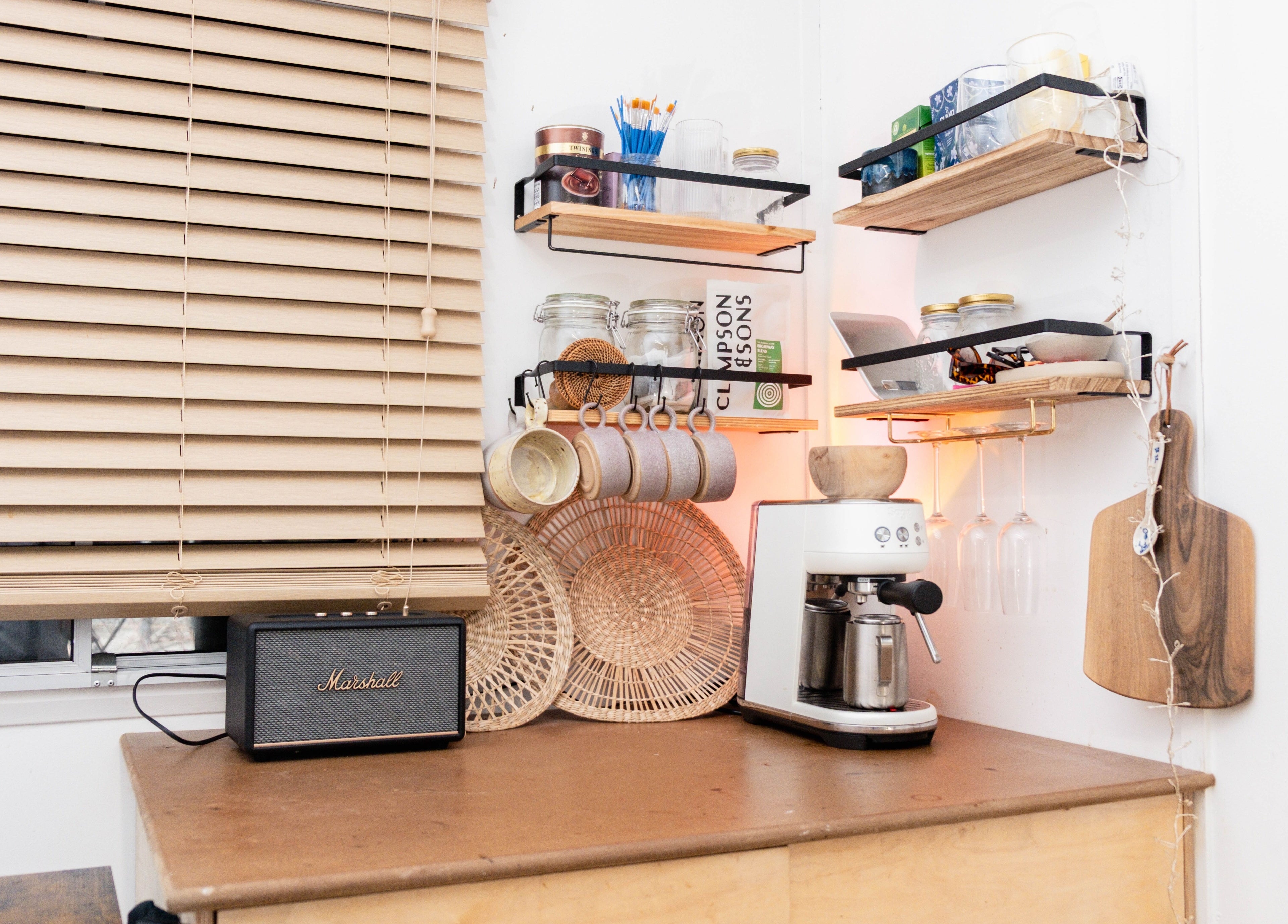 Chic kitchen corner with coffee maker at Leia Loves, London, England, GB.