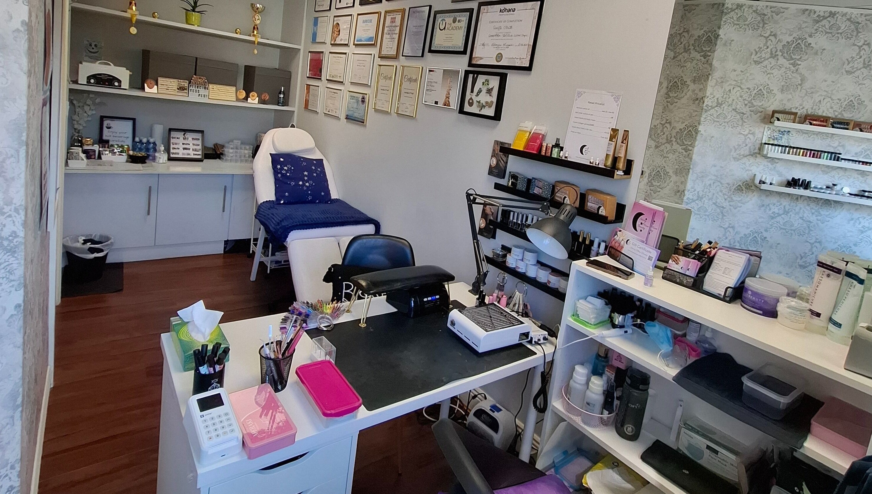 Starry Moon Beauty Swords, a serene salon in Swords, County Dublin, IE, with a chic treatment area and certificates.