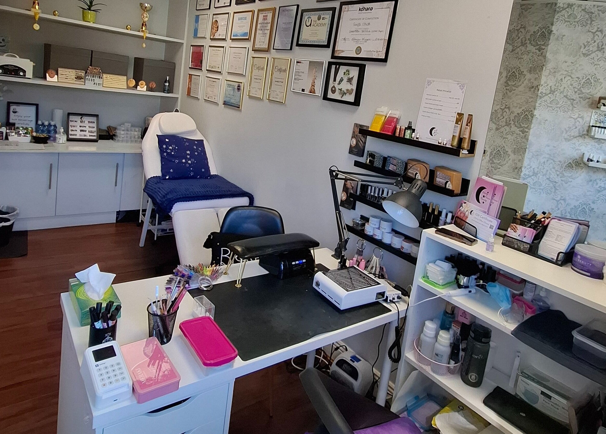 Starry Moon Beauty Swords, a serene salon in Swords, County Dublin, IE, with a chic treatment area and certificates.