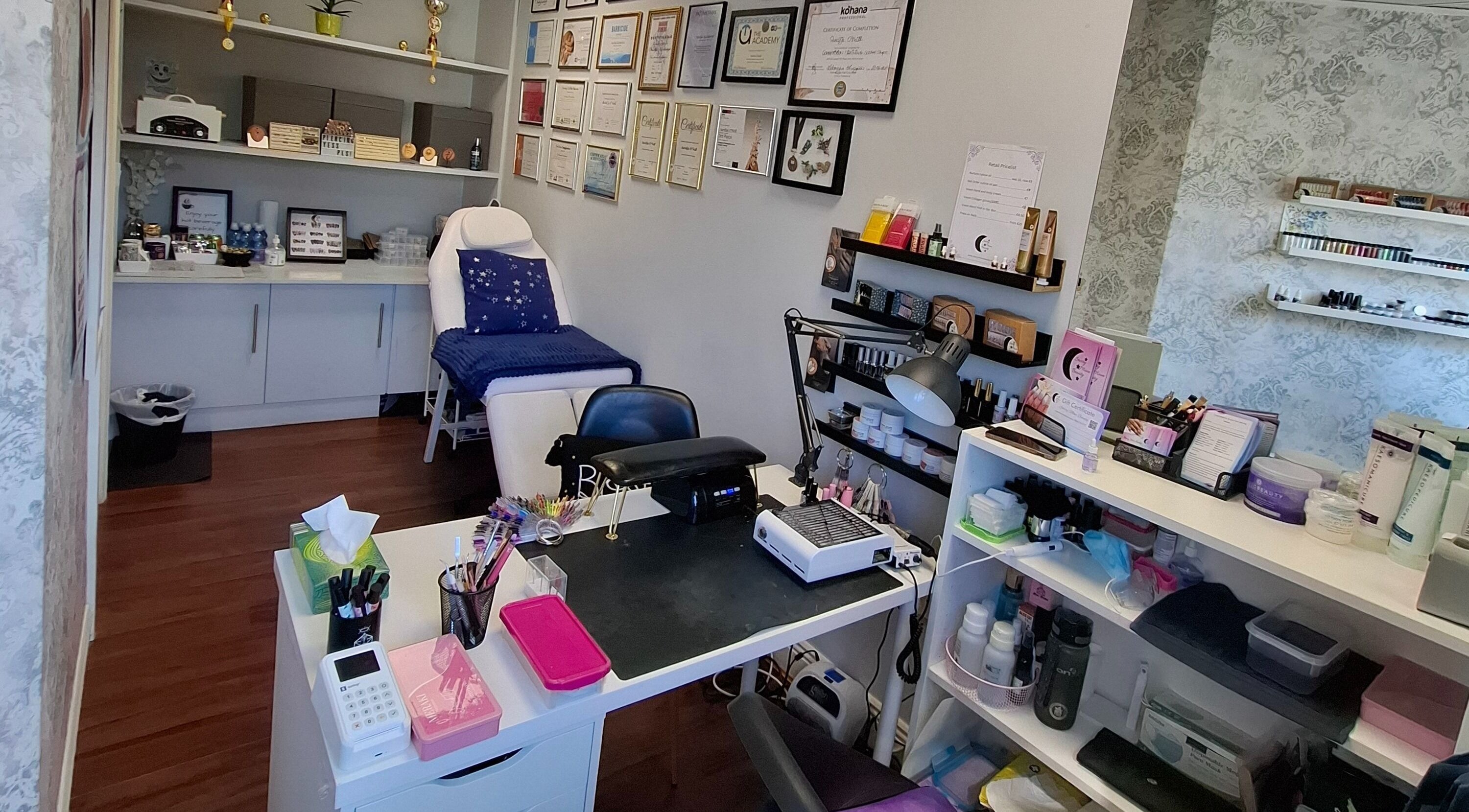 Starry Moon Beauty Swords, a serene salon in Swords, County Dublin, IE, with a chic treatment area and certificates.