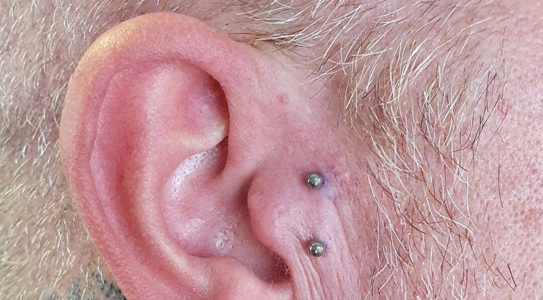 Close-up of an ear piercing at Starry Moon Beauty Swords, Swords, County Dublin, IE.