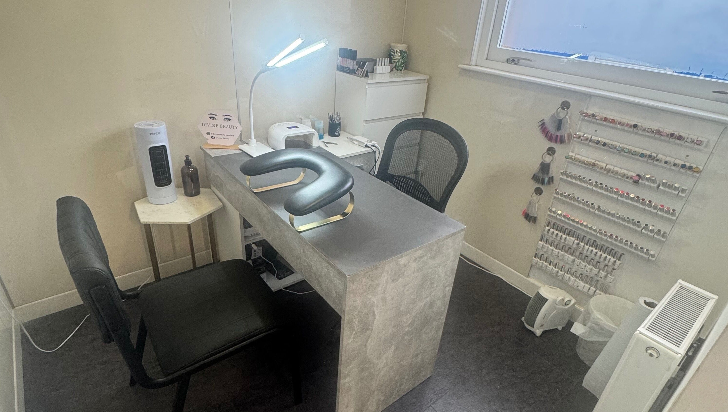 Manicure station at Divine Beauty at Seafield Salon, Inverness, Scotland, GB, showcasing elegance and comfort.