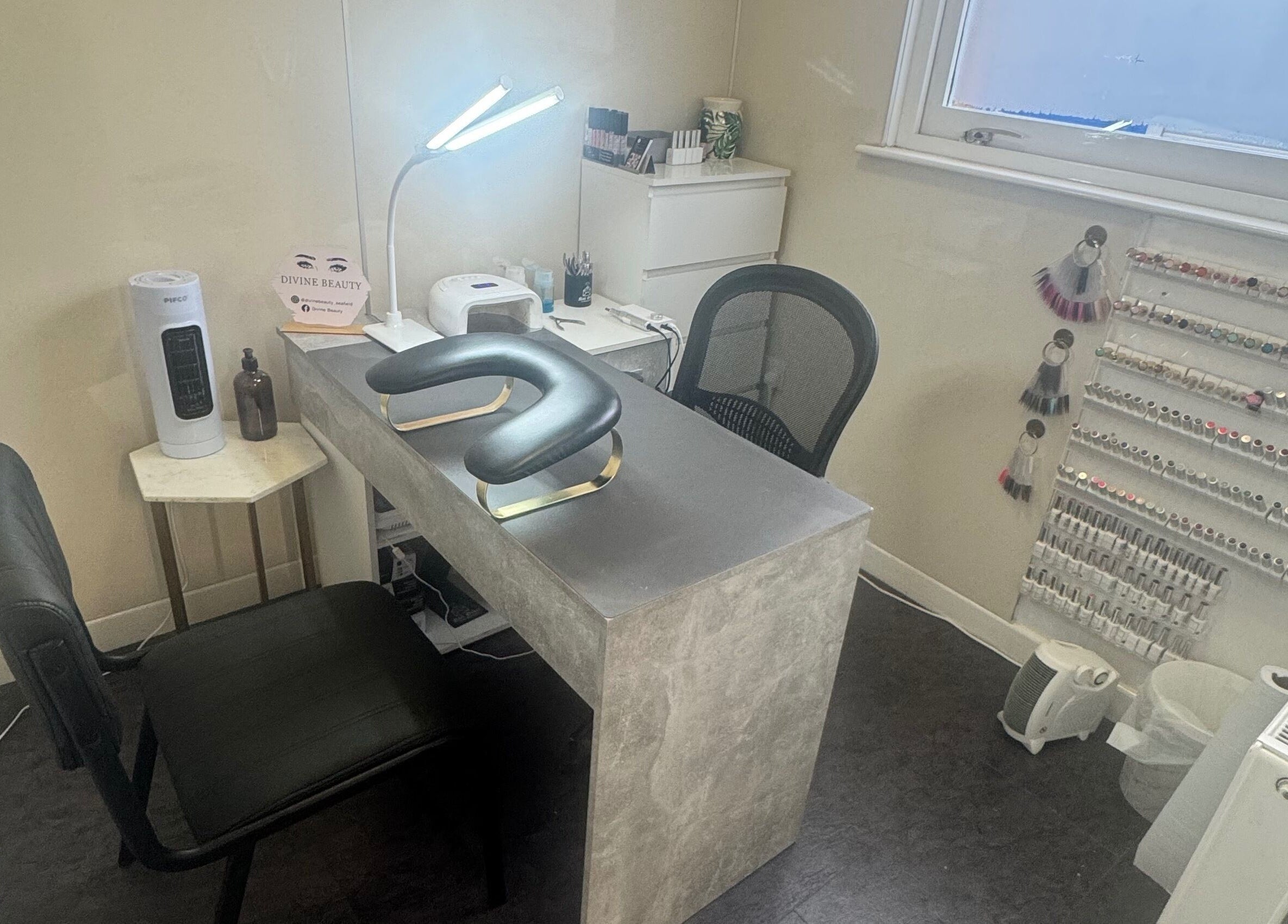 Manicure station at Divine Beauty at Seafield Salon, Inverness, Scotland, GB, showcasing elegance and comfort.