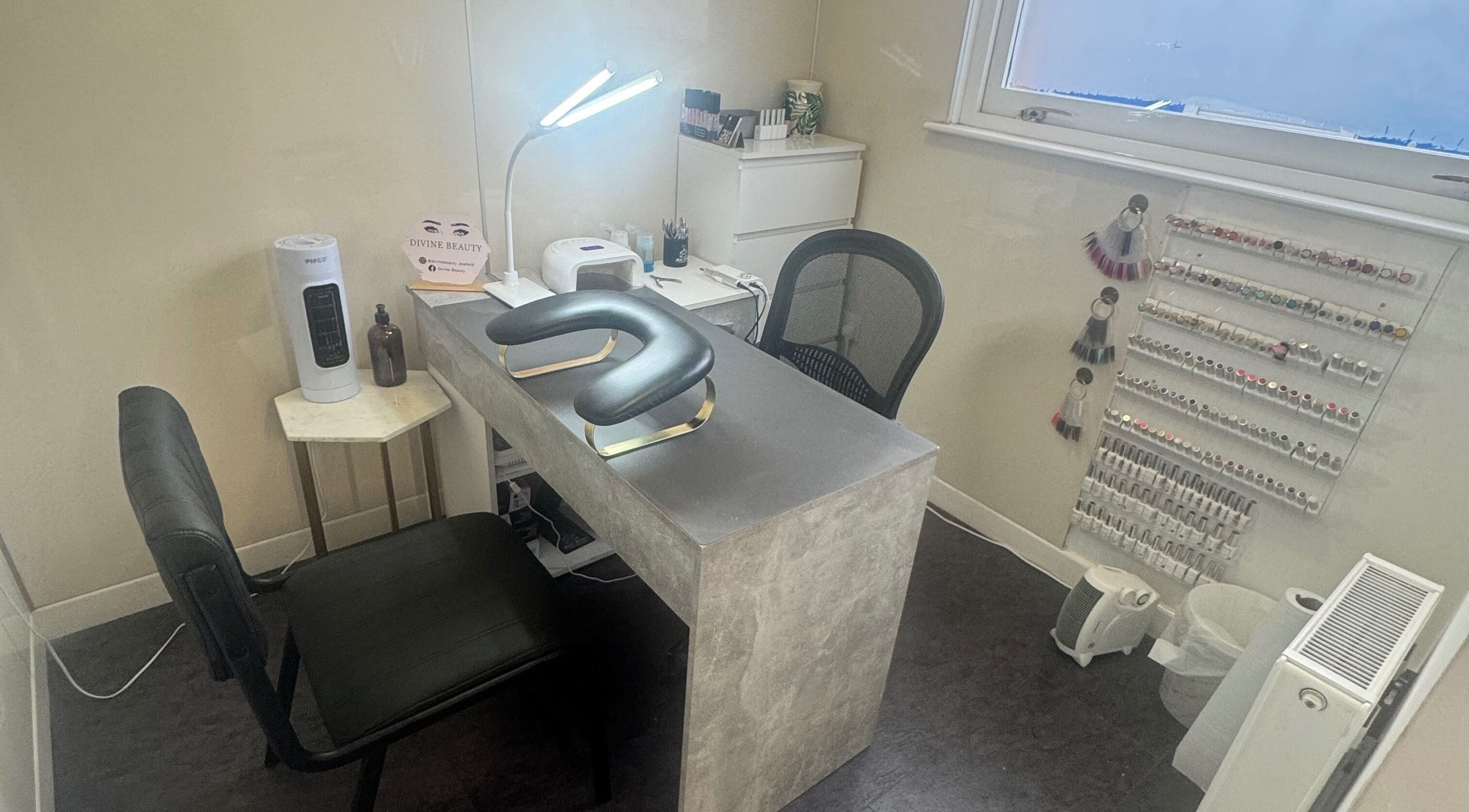 Manicure station at Divine Beauty at Seafield Salon, Inverness, Scotland, GB, showcasing elegance and comfort.