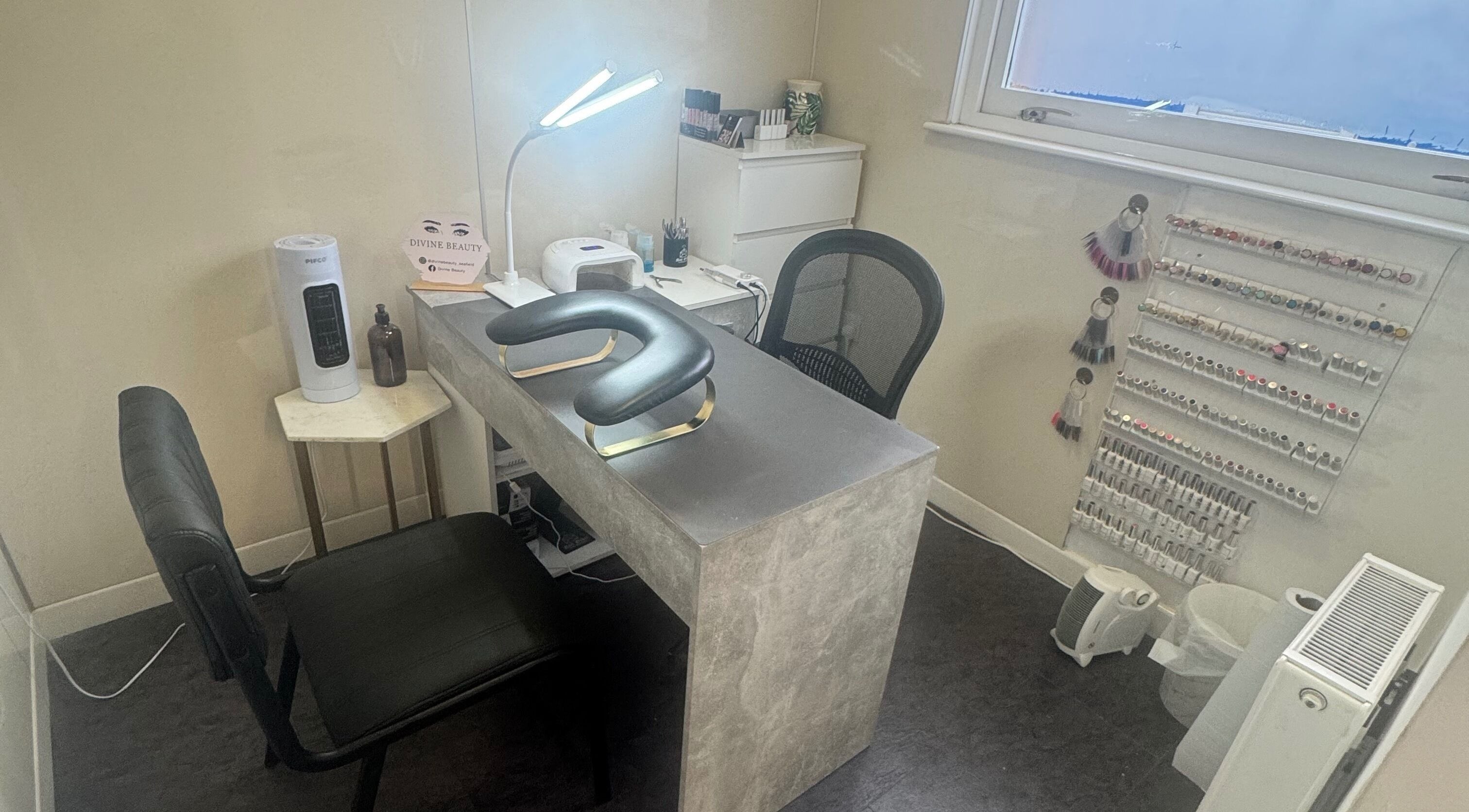 Manicure station at Divine Beauty at Seafield Salon, Inverness, Scotland, GB, showcasing elegance and comfort.
