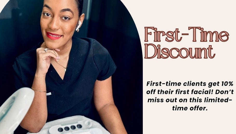 Smiling beautician at The Beauty Boss Bureau, Nassau, offering 10% off first facial service.