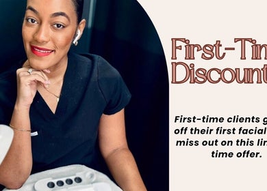 Smiling beautician at The Beauty Boss Bureau, Nassau, offering 10% off first facial service.