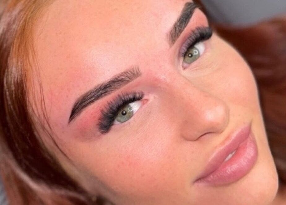 Close-up of styled eyebrows and lashes at Beyond Beauty Training Academy, Glasgow, Scotland, GB.