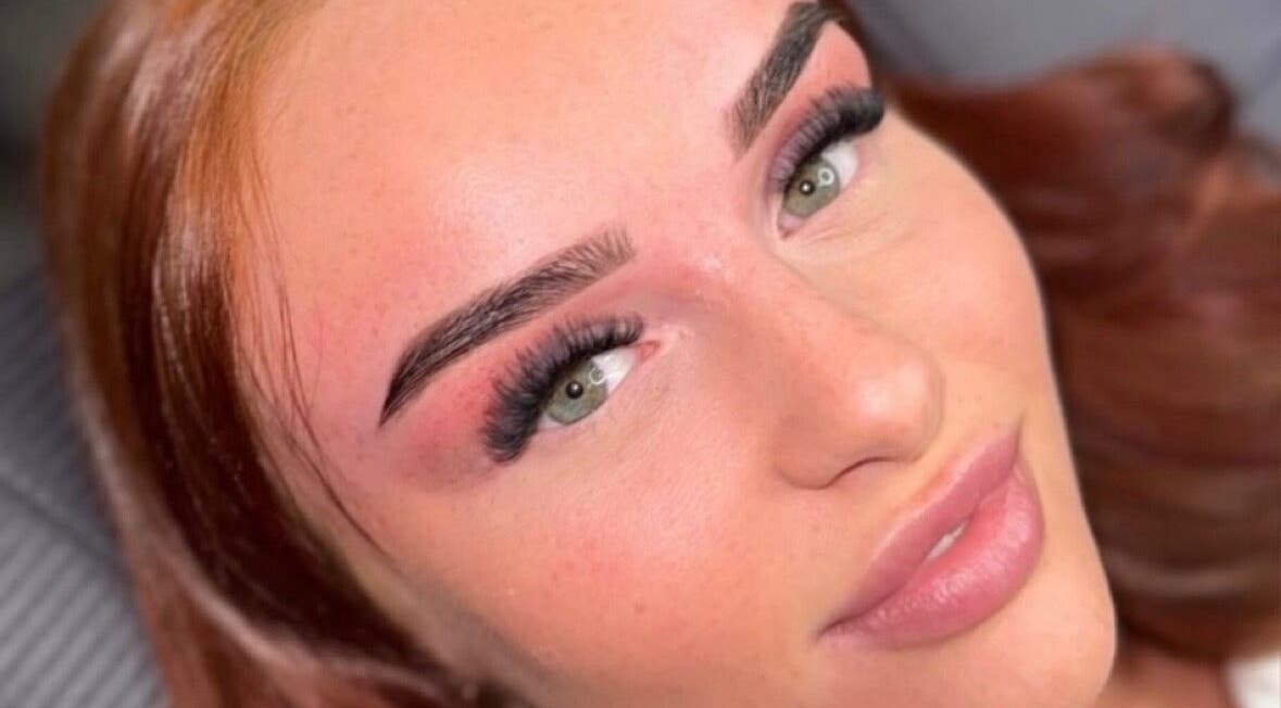 Close-up of styled eyebrows and lashes at Beyond Beauty Training Academy, Glasgow, Scotland, GB.