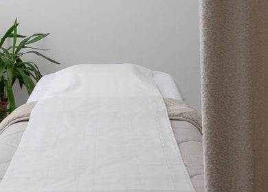 Relaxing treatment room at The Beauty Shack, Failand, England, GB with cozy decor and leafy plant.