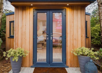 Contemporary wooden entrance at The Beauty Shack, Failand, England, GB, inviting serenity.