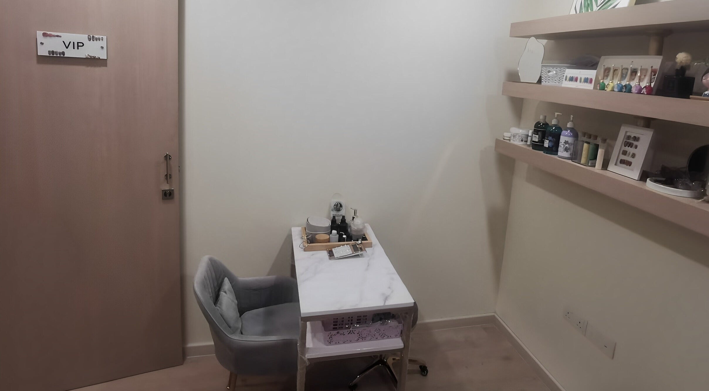 VIP nail treatment room at M Nail Bar Studio, Gelang Patah, Johor, MY, featuring a chic setup and cozy ambiance.
