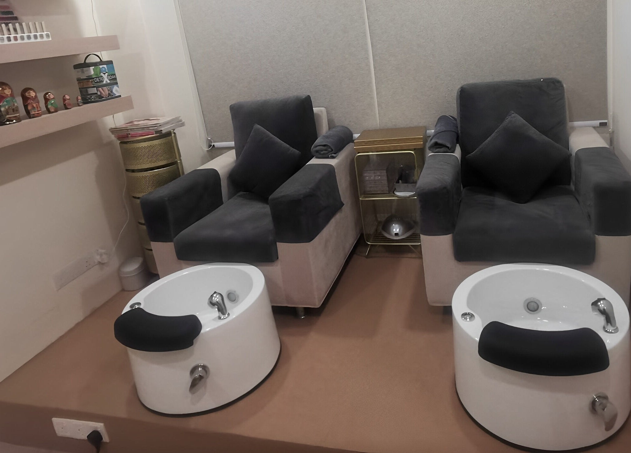 Comfortable pedicure chairs at M Nail Bar Studio, Gelang Patah, Johor, MY, offering a relaxing experience.