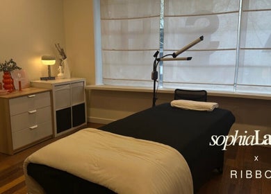 Relaxing beauty treatment room at SOPHIA LASHES x RIBBON, 456 La Trobe St West Melbourne, Melbourne, Victoria, AU.