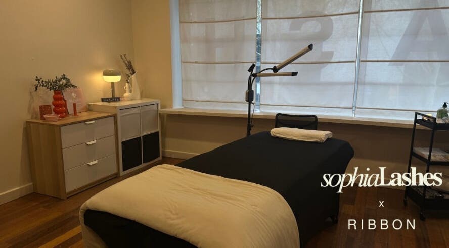 Inviting treatment room at SOPHIA LASHES x RIBBON, 456 La Trobe St West Melbourne, Melbourne, Victoria, AU.