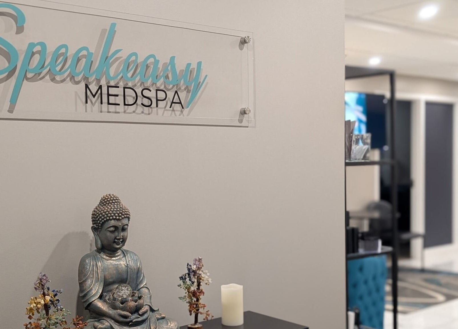 Interior of Speakeasy Med Spa featuring a serene Buddha statue in Hamilton, Ontario, CA.