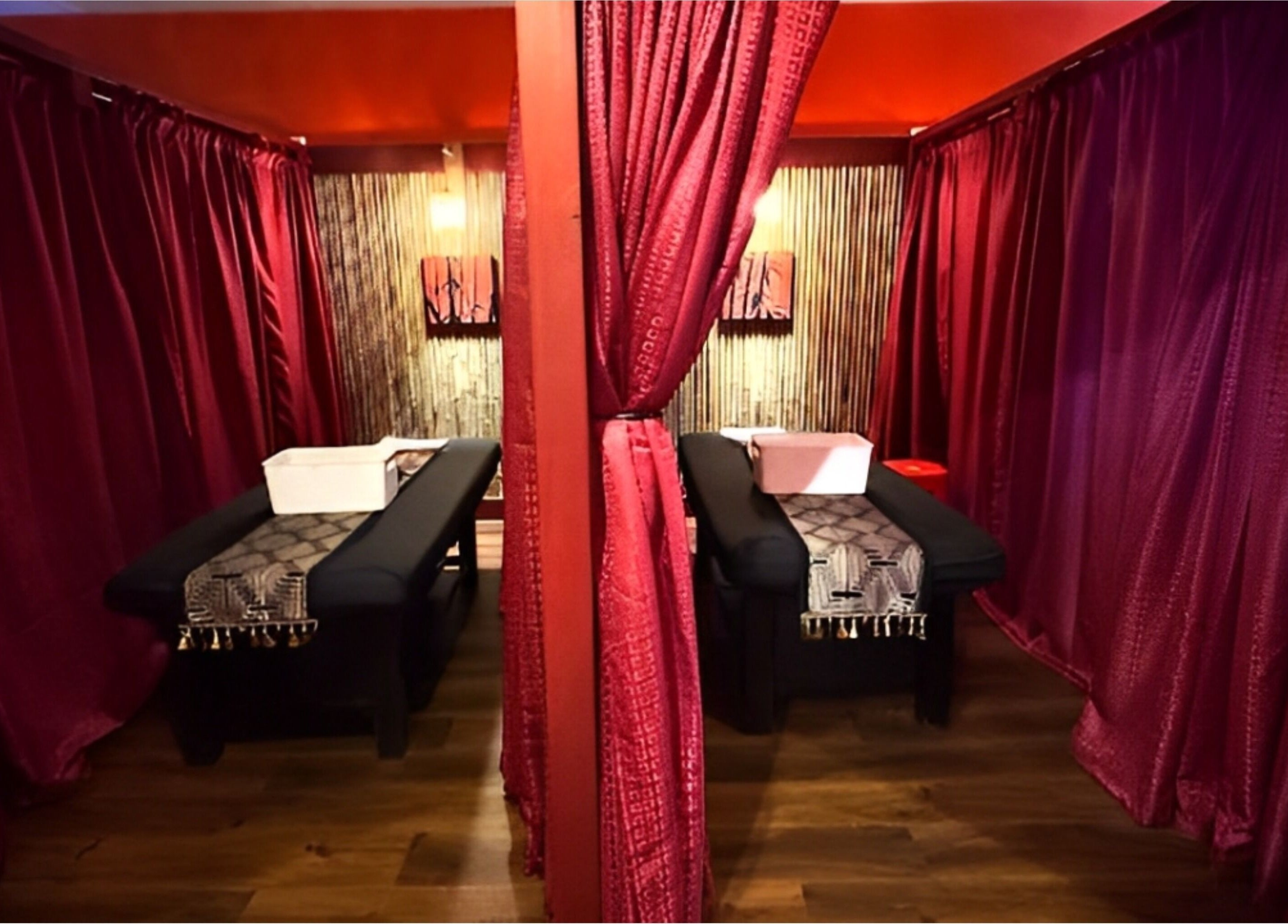 Serene massage rooms with burgundy curtains at Bamboo Spa Botany, Auckland, Auckland, NZ.
