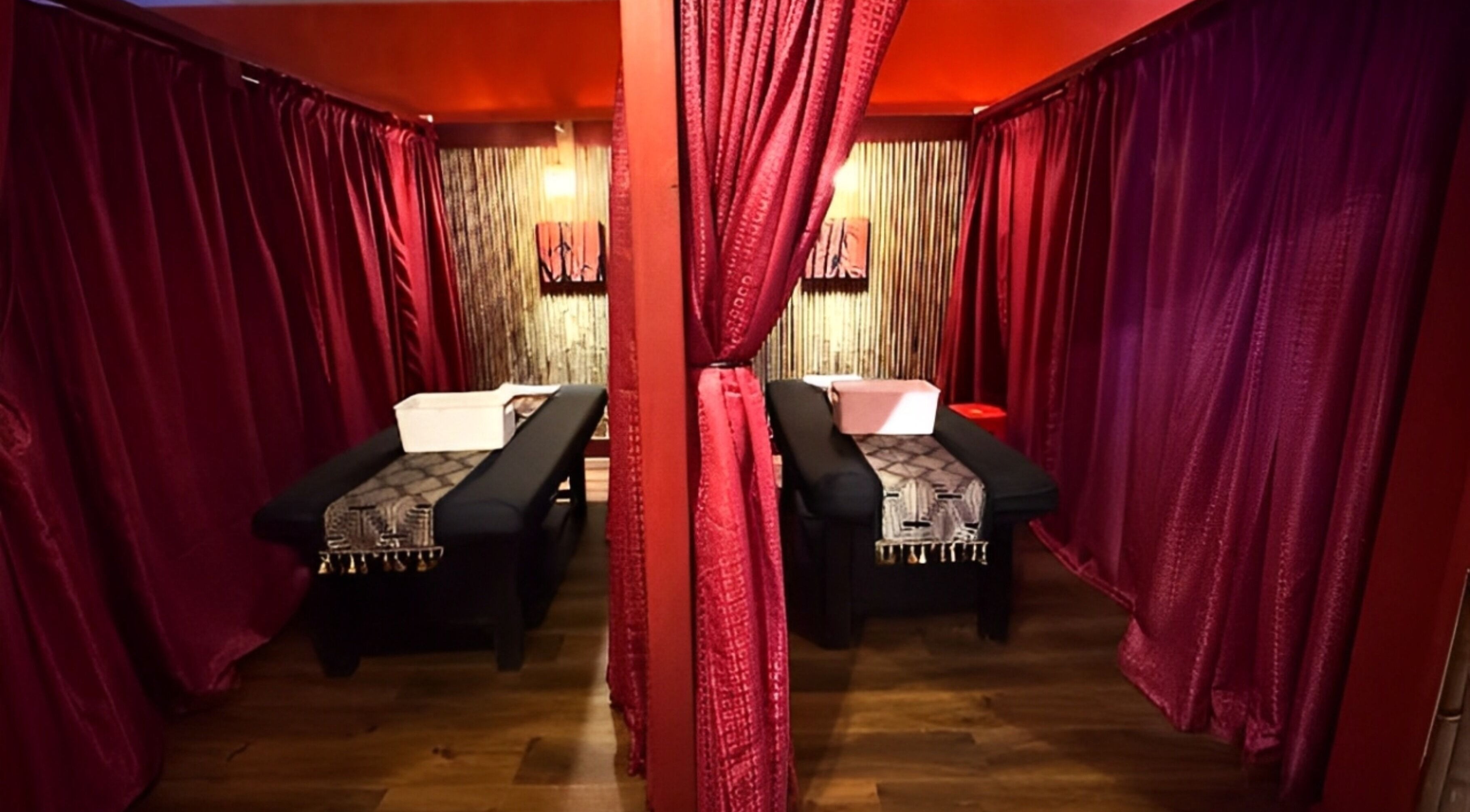Serene massage rooms with burgundy curtains at Bamboo Spa Botany, Auckland, Auckland, NZ.