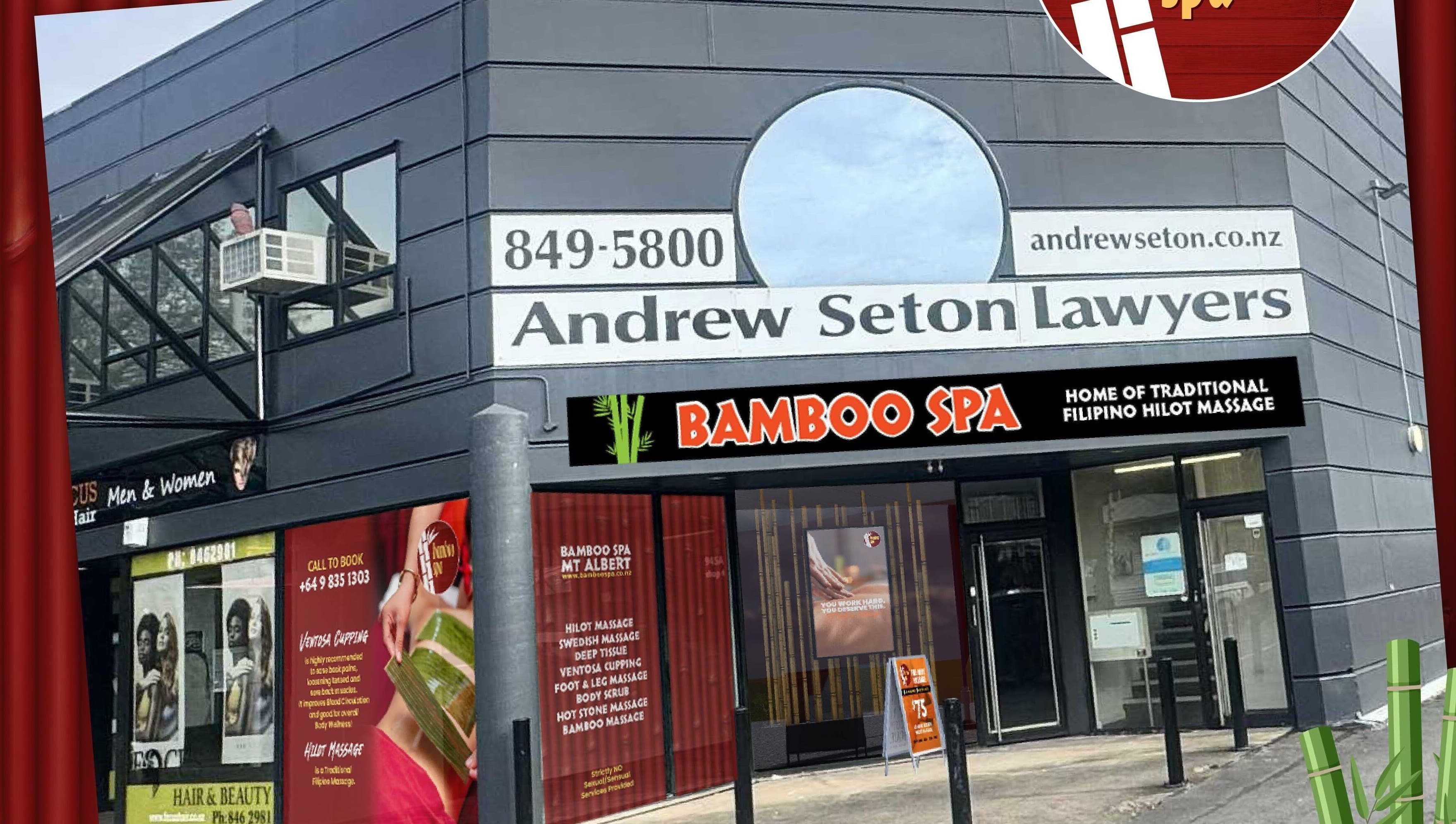 Front view of Bamboo Spa Mt Albert in Auckland, NZ, showcasing the modern exterior and signage.
