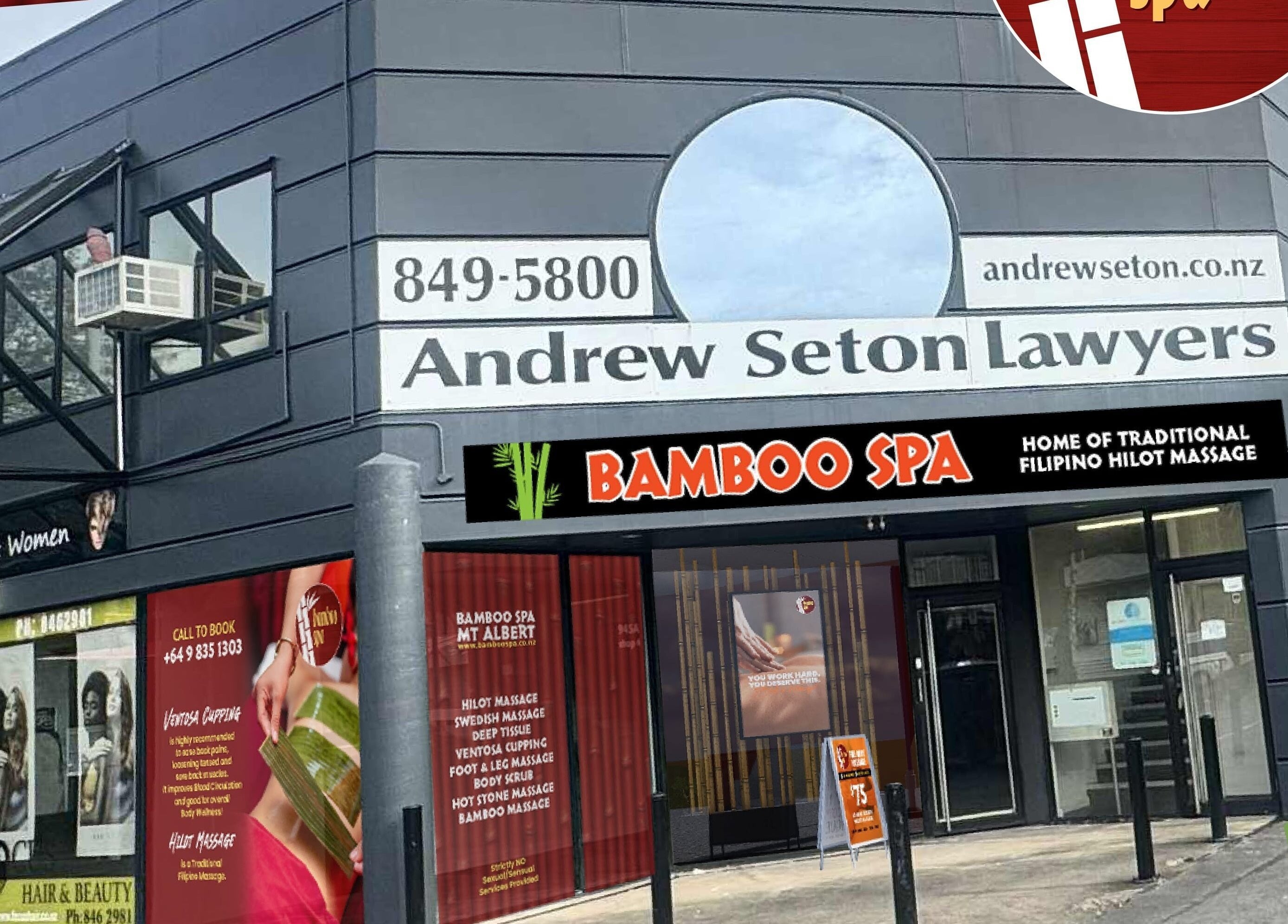 Front view of Bamboo Spa Mt Albert in Auckland, NZ, showcasing the modern exterior and signage.