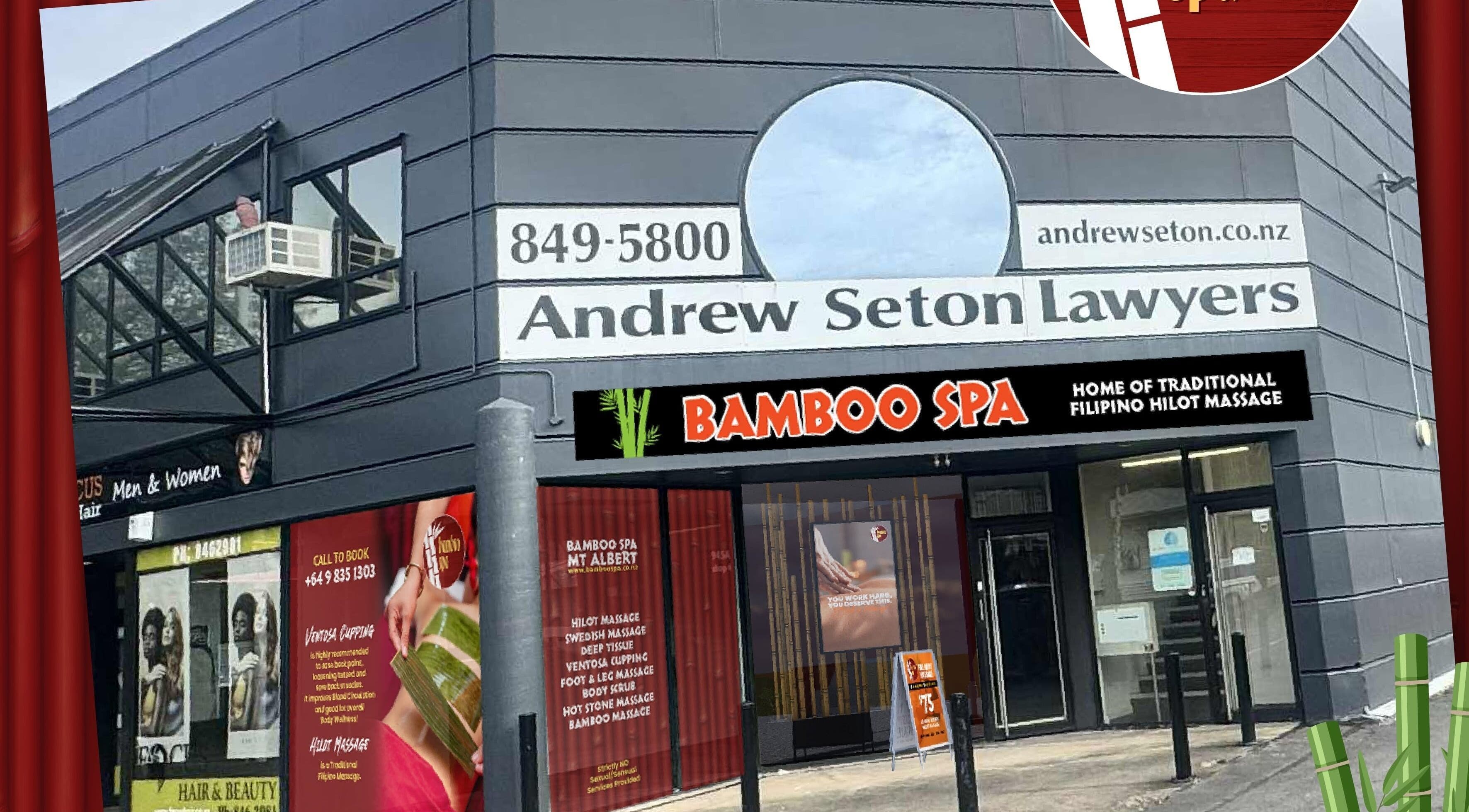 Front view of Bamboo Spa Mt Albert in Auckland, NZ, showcasing the modern exterior and signage.