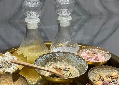 Spa herbal bowls and glass jars at Hola Spa and Cafe, Al Batinah South Governorate, OM.