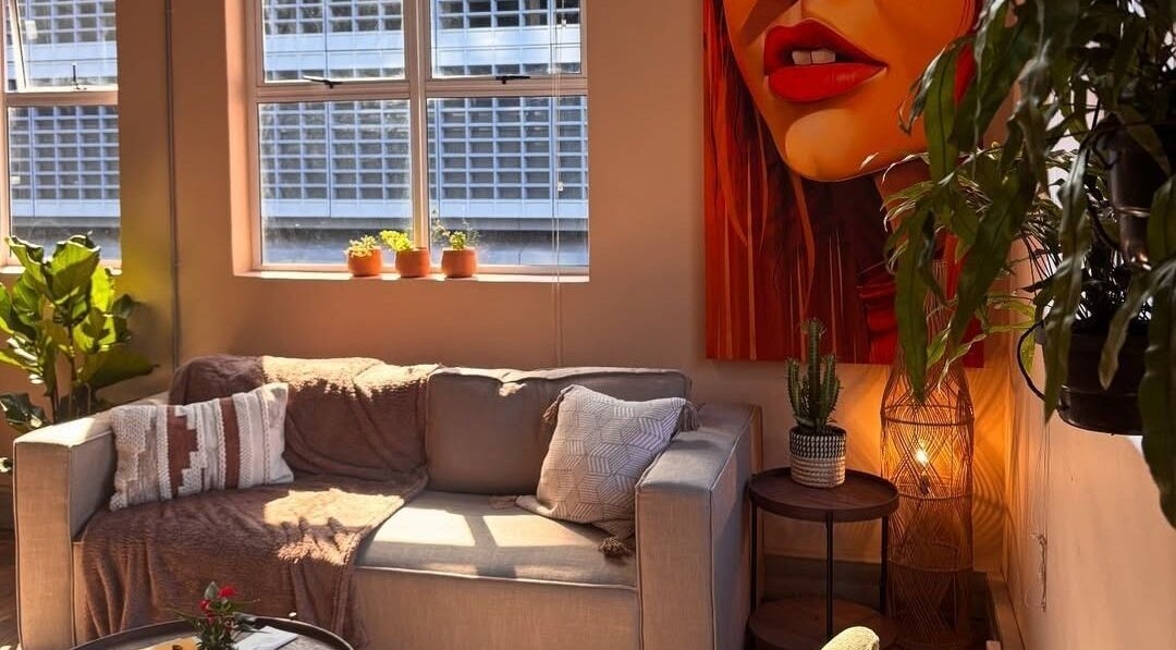 Relaxing lounge area at Pedie Beauty loop street (ginger hair studio), Cape Town, Western Cape, ZA.