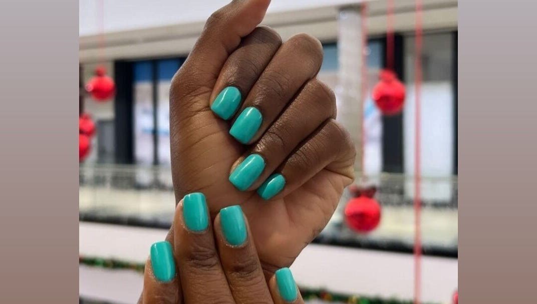 Stylish aqua nails at Canal Walk Mall (Partners Unisex Salon), Cape Town, Western Cape, ZA.