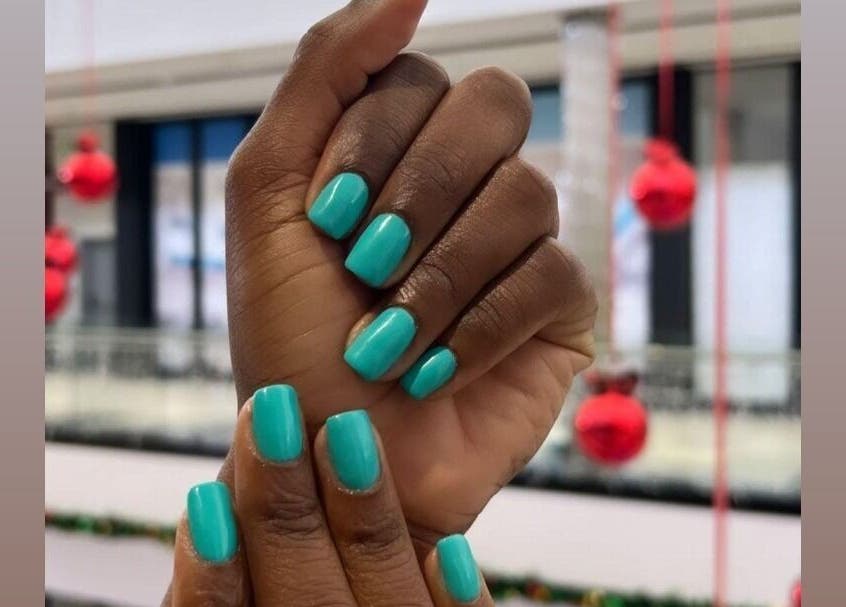 Stylish aqua nails at Canal Walk Mall (Partners Unisex Salon), Cape Town, Western Cape, ZA.
