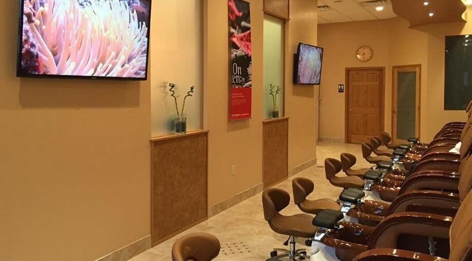 Relaxing pedicure chairs at Evol Nails and Spa, St. Cloud, Minnesota, US. Elegantly designed interior.