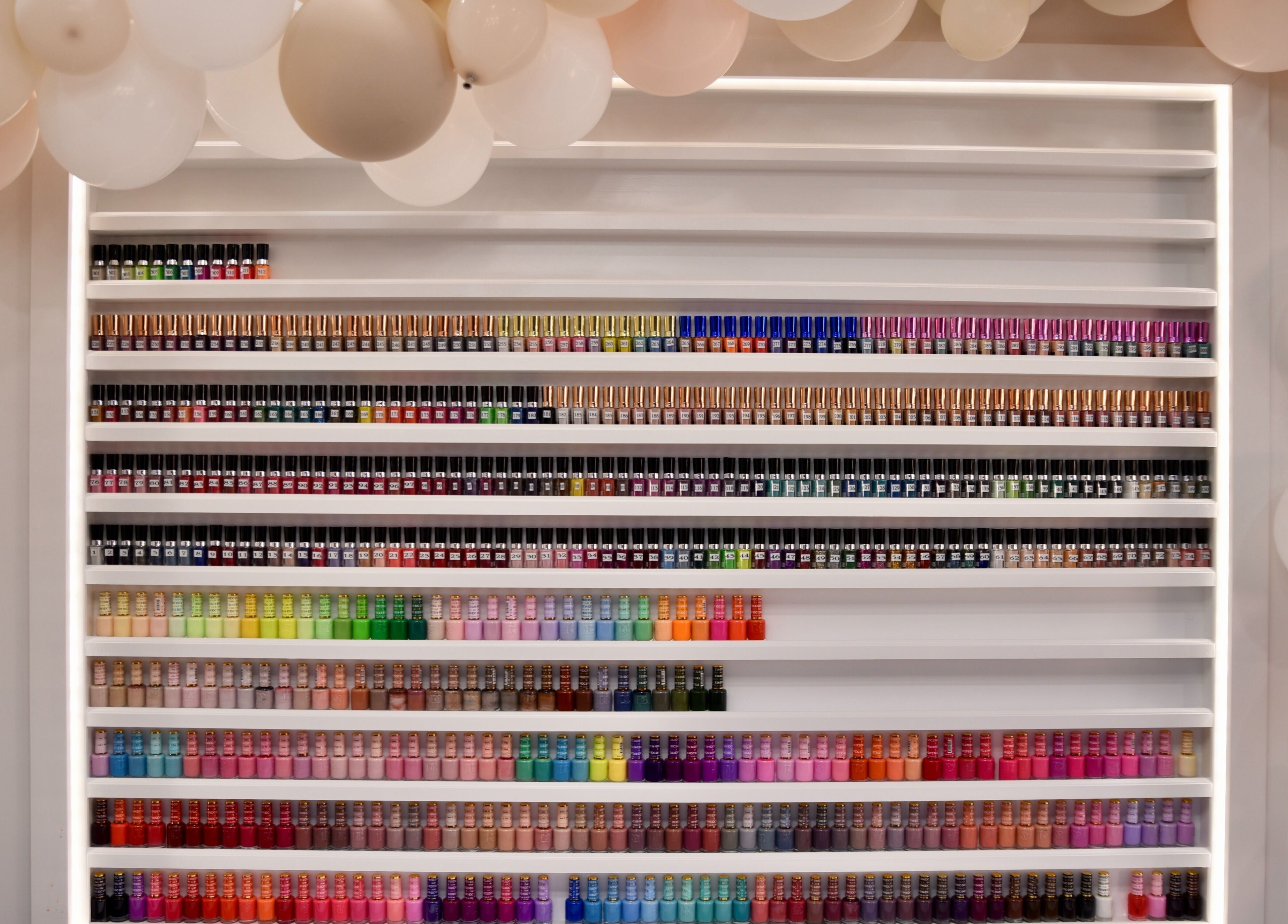 Colorful nail polish display at NT Nail Lab, Sauk Rapids, Minnesota, US.