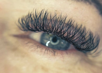 Close-up of enhanced eyelashes at Lash Xtend, New Ollerton, England, GB, showcasing a voluminous lash look.