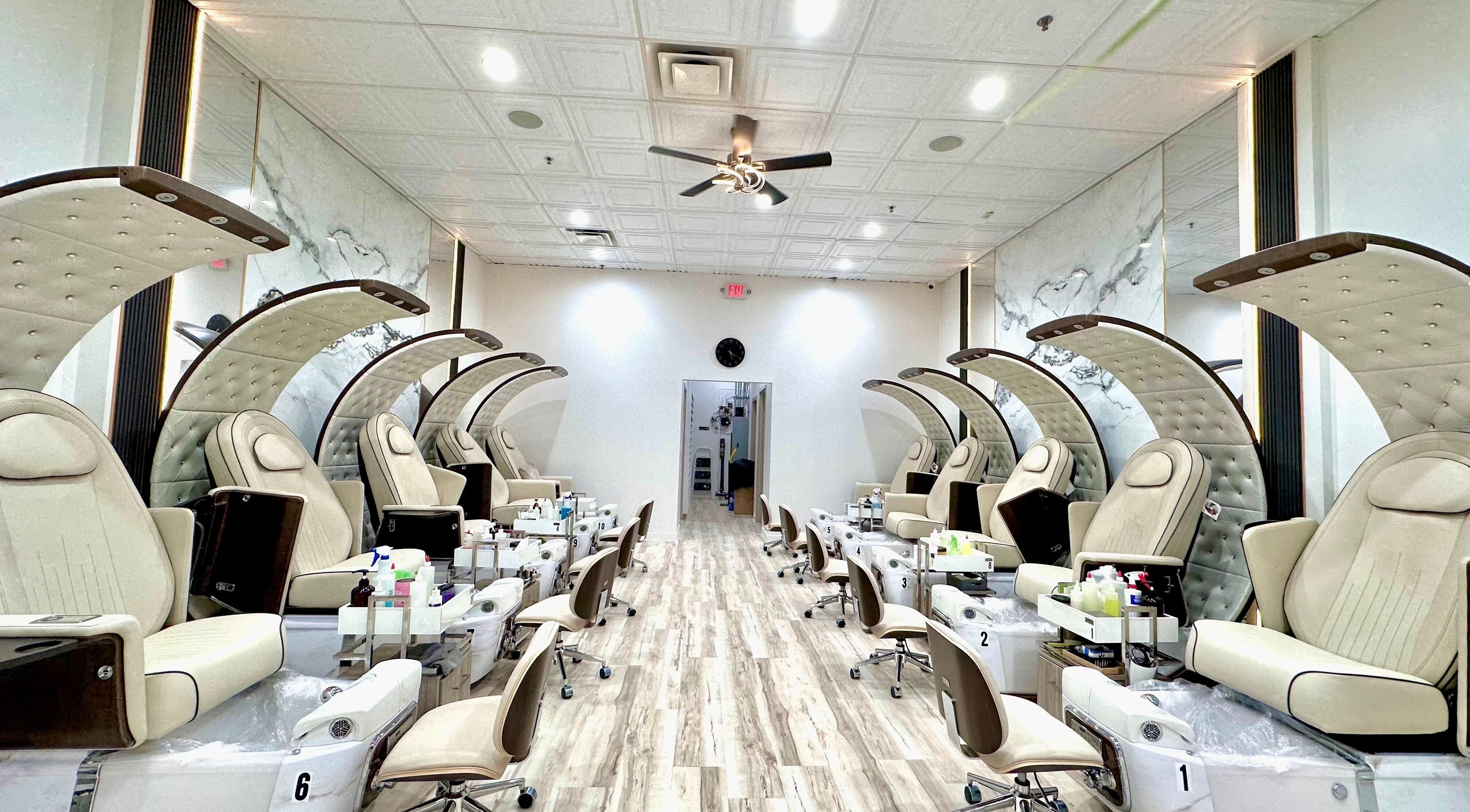 Pedicure stations at Haven Nail Salon in Dublin, Ohio, US showcase luxury and comfort with modern chairs.