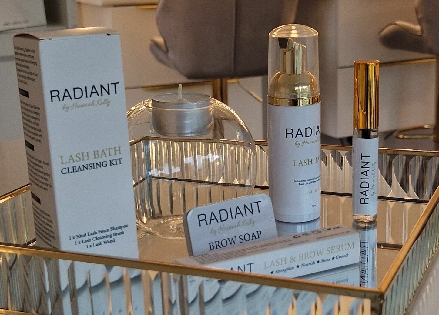 Lash bath kit and products at Radiant Beauty Glasson, Athlone, County Westmeath, IE, showcased on a golden tray.