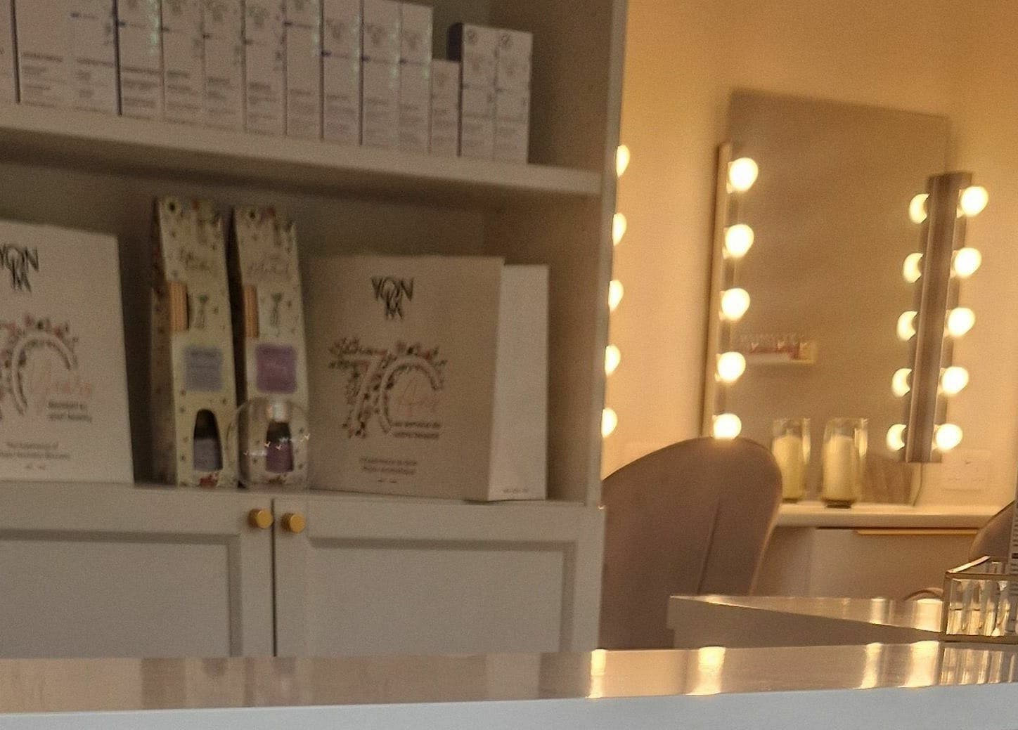 Radiant Beauty Glasson vanity displays luxury products with soft lighting in Athlone, County Westmeath, IE.