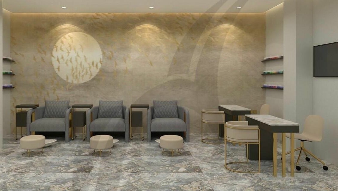 Modern salon interior at The Beauty House by Takhmina Usmani, Dubai, AE featuring stylish chairs and tables.