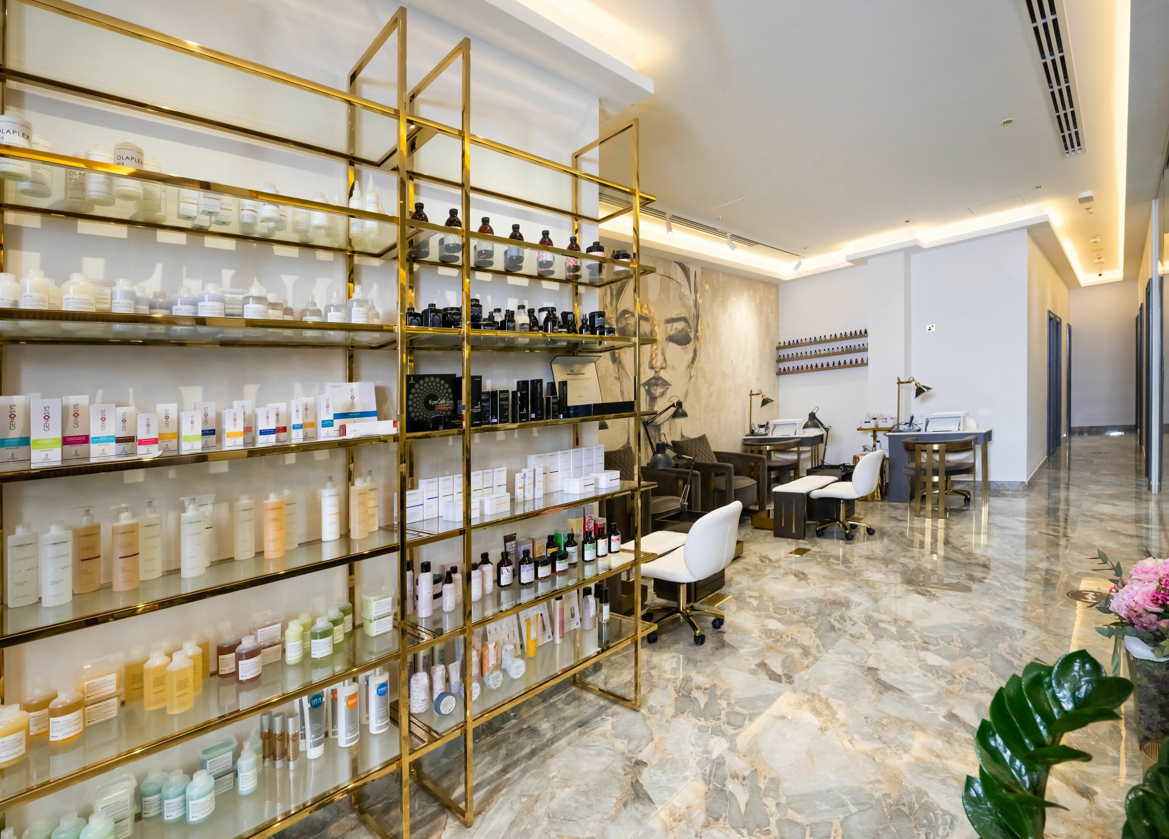 Modern interiors of The Beauty House by Takhmina Usmani in Dubai, AE, showcasing sleek shelving and serene space.