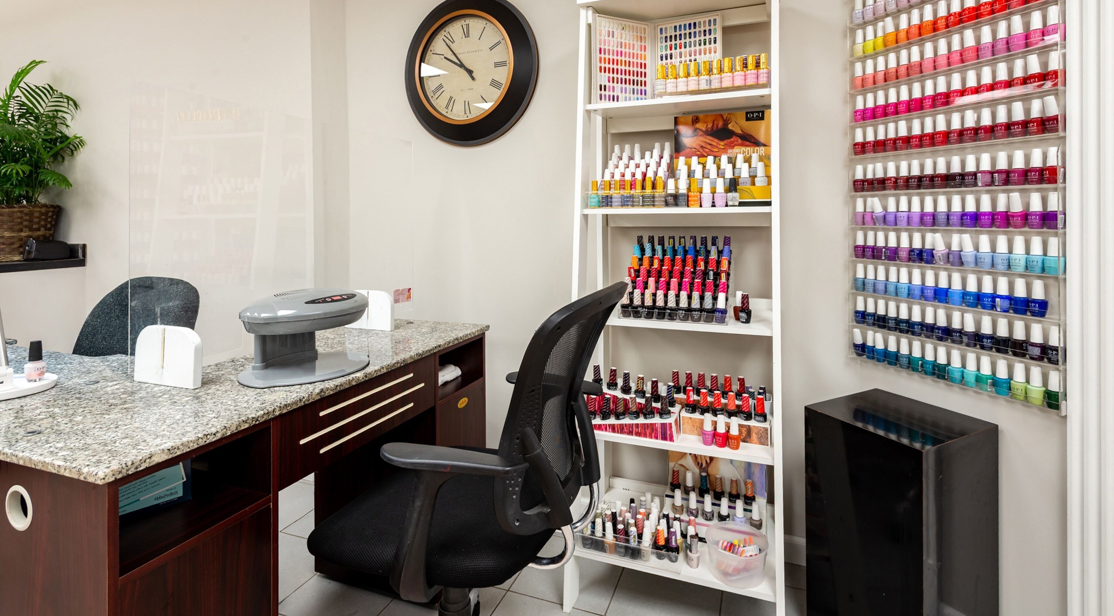 Nail polish selection at The Salon and Spa at Randolph LLC, Randolph, New Jersey, US, neatly organized on shelves.