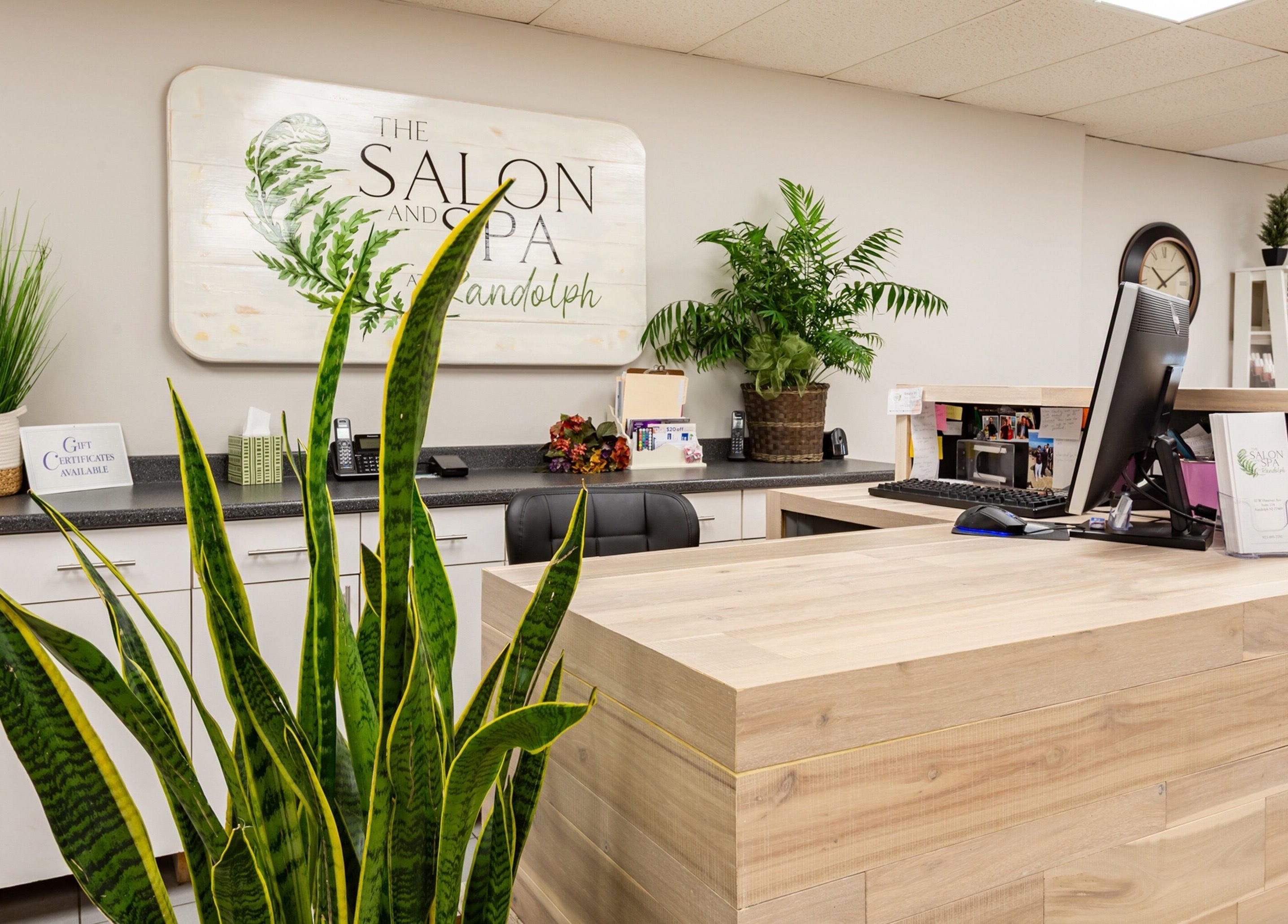 Reception area at The Salon and Spa at Randolph LLC, featuring modern decor in Randolph, New Jersey, US.