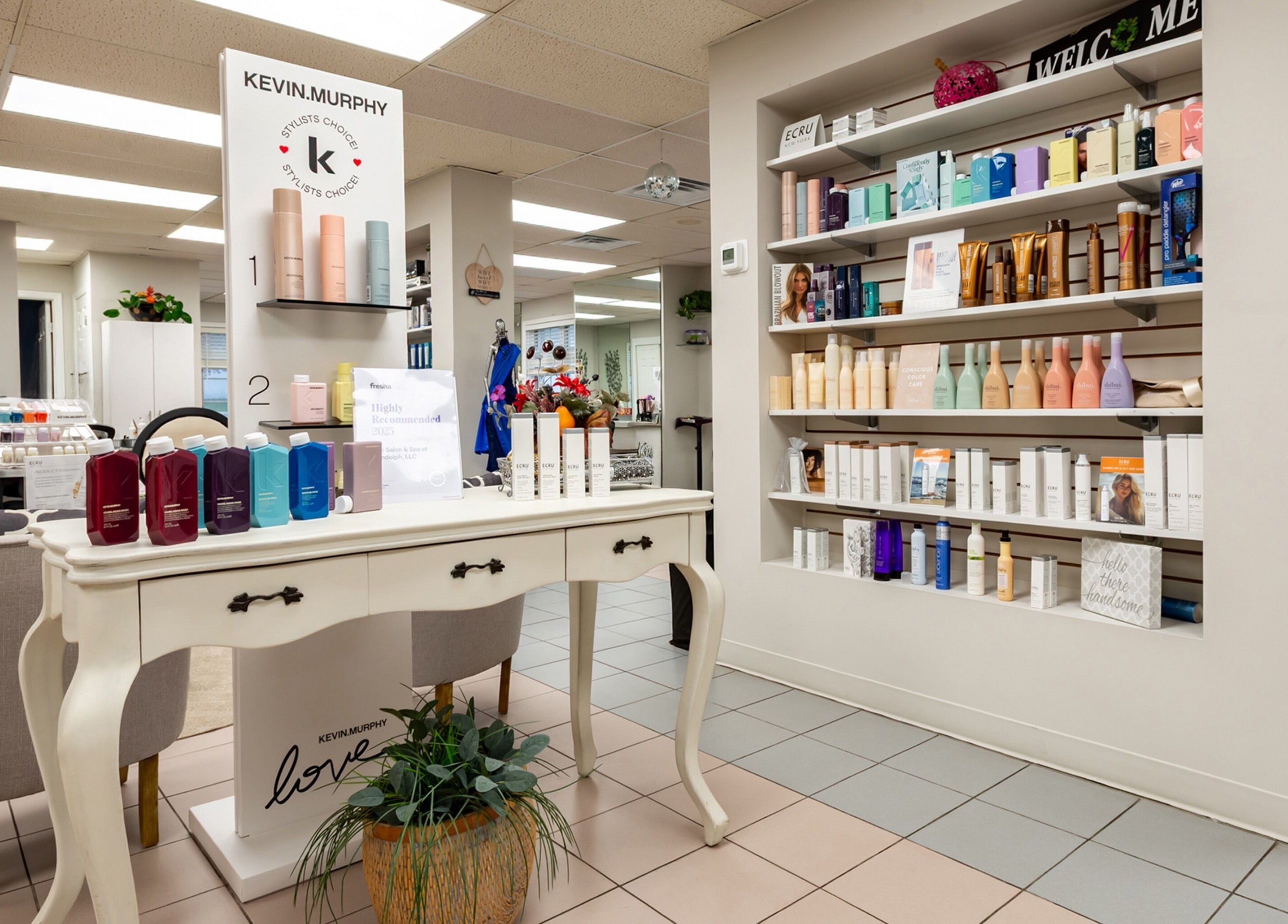 Product display at The Salon and Spa at Randolph LLC, Randolph, New Jersey, US showcasing premium beauty brands.