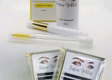 Lash products by Russian Goddess Beauty in Melbourne, Victoria, AU, showcasing cruelty-free lash shampoo and tools.