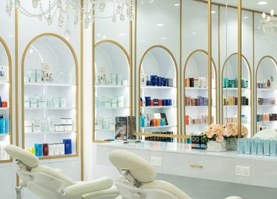 Luxurious interior of Locks by Loulou Al Wasl, featuring beauty products and elegant decor in Dubai, AE.