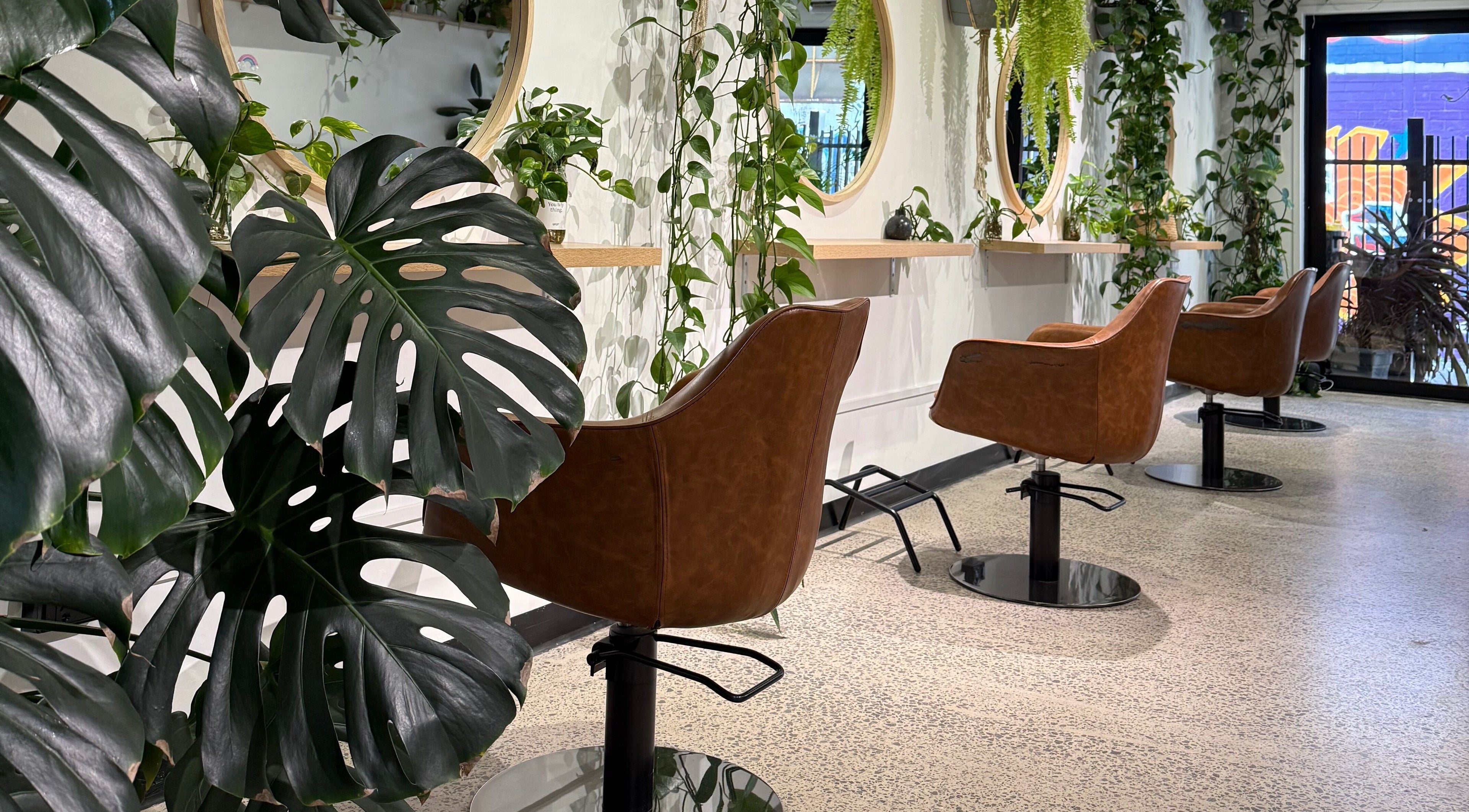 Stylish salon chairs and greenery at Blonde Artistry in Melbourne, Victoria, AU, offering a relaxing beauty experience.