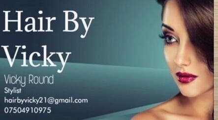 Modern salon image with 'Hair By Vicky' logo and contact details, Birmingham, England, GB.