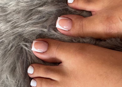 Styled French pedicure at SensatioNailz Studio, Bridgetown, Saint Michael, BB.
