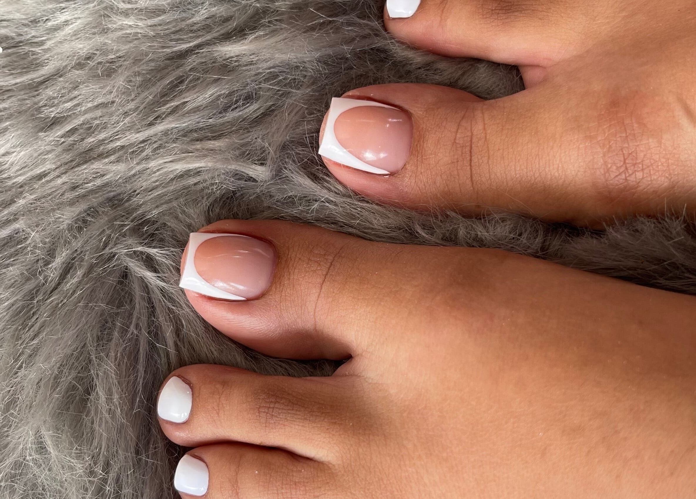 Styled French pedicure at SensatioNailz Studio, Bridgetown, Saint Michael, BB.